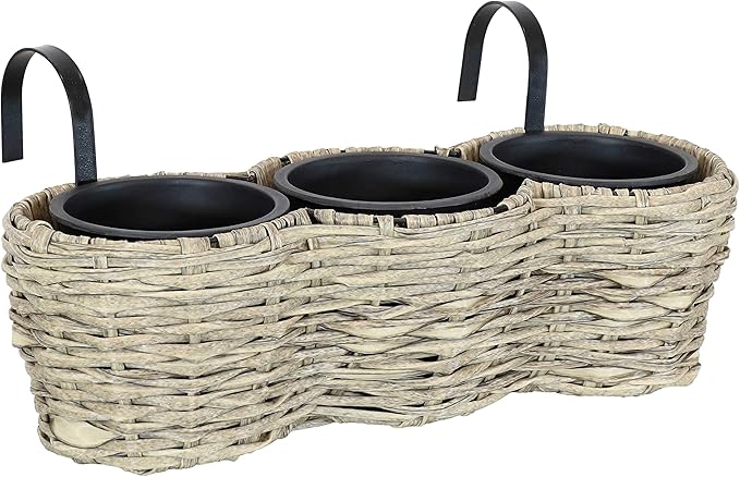 Sunnydaze Indoor/Outdoor Round Polyrattan Over-The-Rail Tri-Planter with 3 Black Liners - Frost