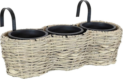 Sunnydaze Indoor/Outdoor Round Polyrattan Over-The-Rail Tri-Planter with 3 Black Liners - Frost