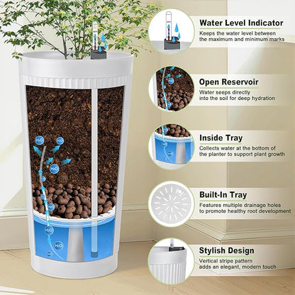 24" Tall Self Watering Planters for Indoor Plants, 2 Pack Large Plastic Outdoor Planter Pots with Built-In Water Reservoir and Level Indicator, Decorative Modern Flower Pots for Home & Patio (White)