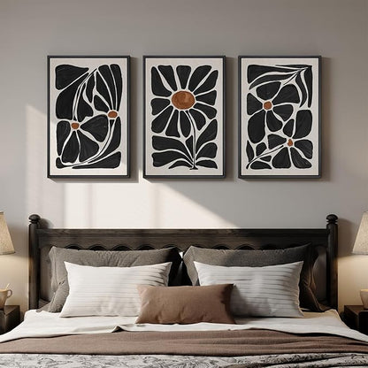 Framed Black and White Abstract Wall Art, 3 Piece Black Boho Floral Botanical Canvas Prints Painting for Living Room, Mid Century Modern Flower Artwork for Bedroom Hallway Office Home Decor, 16x24 In