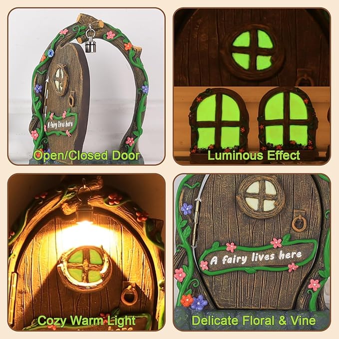 MEETYAMOR Miniature Fairy Garden Accessories, 4 PCS Opening Fairy Door and Windows with Light for Trees, Glow in The Dark Yard Art Outdoor Statues Fairy House Kit Garden Decor for Outside