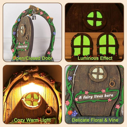 MEETYAMOR Miniature Fairy Garden Accessories, 4 PCS Opening Fairy Door and Windows with Light for Trees, Glow in The Dark Yard Art Outdoor Statues Fairy House Kit Garden Decor for Outside