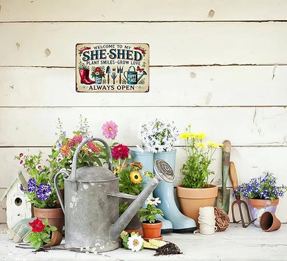 Bestylez Garden Gifts Welcome To My She Shed Vintage Gardening Signs for Home Garden Greenhouse Living Room Bedroom Yard Outdoor Decor 8X12 Inch (3372)