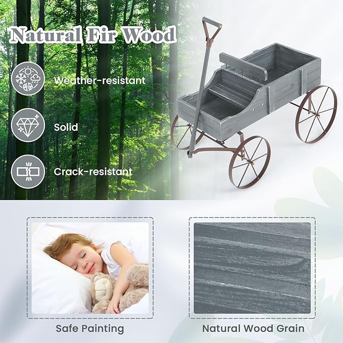 Goplus Wagon Planter, Decorative Wooden Garden Planter with Wheels, 2 Planting Sections and Adjustable Handle, Indoor Outdoor Backyard Balcony Decor (Gray)