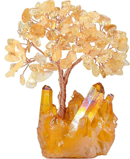Natural Citrine Crystal Tree of Life,Quartz Cluster Yellow Titanium Base, Positive Energy Feng Shui Bonsai Money Tree Office Desk Home Decor for Wealth and Luck