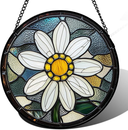 Stained Glass Window Hanging - Yellow White Daisy Birth Flower Suncatcher for Door Garden Yard Sun Catchers Decor Christmas Mother's Day Birthday Gifts for Teacher Women Mom Nana 6.3 in