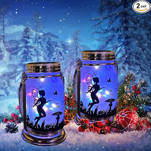 2 Pack Solar Fairy Lantern for Garden Decorations -Gifts for Mom Women Grandma Birthday Outdoor Ornaments Decorations Hanging Lamp Frosted Glass Jar with Stake for Yard Patio Lawn