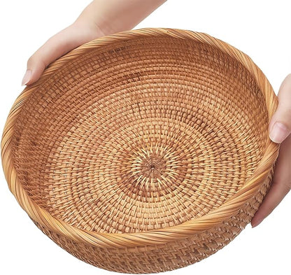 Rattan 10.2" Large Round Bread Basket for Fruit, Natural Wicker Fruit Basket for Kitchen Counter, Hand Woven Food Baskets, Bread Baskets for Serving, Large Wicker Basket for Vegetable, Snack, Candies