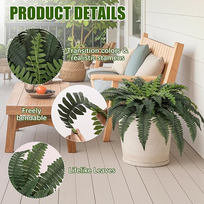 JUSTOYOU 36" Artificial Boston Fern Bush, Artificial Ferns for Outdoors Large 1 Pc with 60 Fronds Faux Ferns UV Resistant Fake Plants for Indoor and Outdoors Home Office Greenery Decor