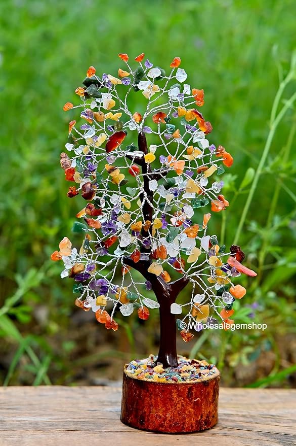 Mix Chakra Crystal Tree with Silver Wire – 7 Chakra Gemstone Bonsai Tree for Healing, Positivity & Decor