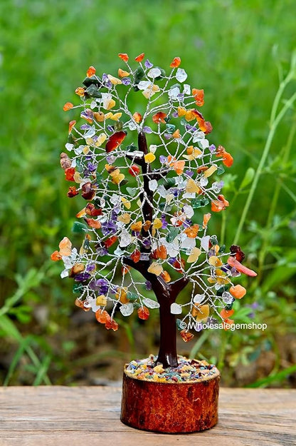 Mix Chakra Crystal Tree with Silver Wire – 7 Chakra Gemstone Bonsai Tree for Healing, Positivity & Decor
