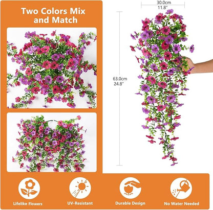 Fake Artificial Hanging Flowers for Outdoors, 2 Pcs Fake Hanging Plant Spring Summer Decor, UV Resistant No Fade Faux Silk Daisy Flower for Front Door Porch Planter Patio Yard Garden(Light Purple Red)