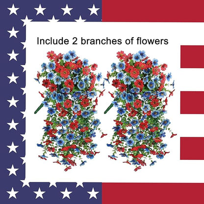 INSPRING Artificial Faux Hanging Flowers Plants for Spring Outdoor Outside Decoration, 2 PCS Fake Silk Daisy with Eucalyptus UV Resistant Realistic Trailing Vines for Balcony Patio Porch (BlueRed)
