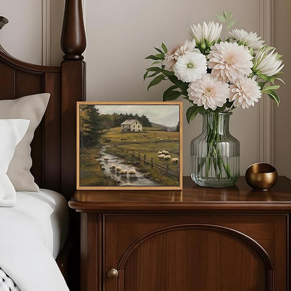 SAMHOU Floating Framed Canvas Wall Art, Vintage French Country Farmhouse Landscape Wall Decor, Rustic Meadow Flock of Sheep Poster Prints Picture for Living Room Bedroom Home Decor 8x10 inch
