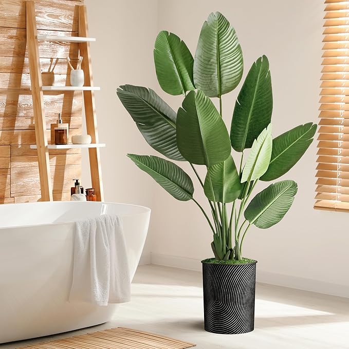 Artificial Tree in Geometric Spiral Pattern Planter, Fake Bird of Paradise Silk Tree for Indoor and Outdoor Home Decoration - 58" Overall Tall (Plant Pot Plus Tree)