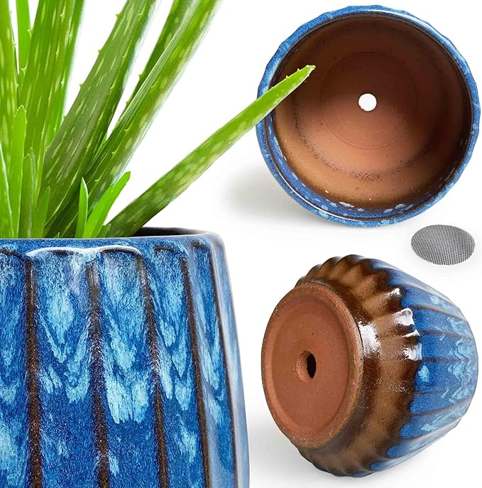 5.5 inch Plant Pot Ceramic，Reactive Glaze Pot with Drainage Hole for Indoor/Outdoor Plants，Breathable Small Cactus Pot Glazed Blue