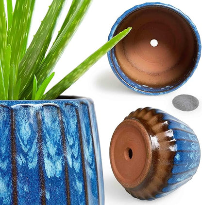 5.5 inch Plant Pot Ceramic，Reactive Glaze Pot with Drainage Hole for Indoor/Outdoor Plants，Breathable Small Cactus Pot Glazed Blue