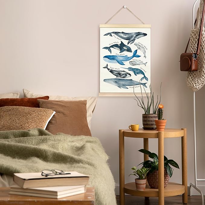 TAEDIN Whales Ocean Animal Chart Poster Hanger Frame, Whales Nautical Wall decor Educational Wooden Canvas Print, Sea Life Beach Wall Decor Painting for Classroom Nursery Bedroom Teen Room 12X16