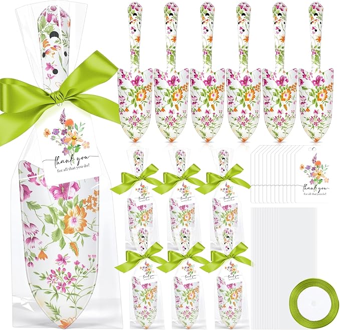 Capoda 12 Sets Floral Garden Shovels Bulk Gardening Gift for Women Garden Tools Floral Hand Heavy Duty Christmas Trowels Thank You Cards with Bags for Mom Gift Birthday Teacher(Green,Classic)