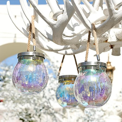 Cooo Christmas Gifts 2 Pack Solar Lanterns Waterproof Outdoor Iridescent Heavy Crackle Glass a Big LED Stainless Steel Lid 215% Solar for Women Mom Grandma Outdoor Table Lamps Garden Backyard Decor