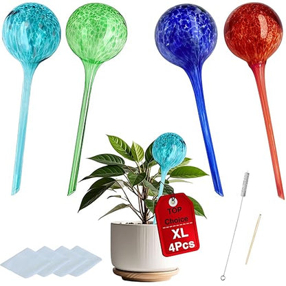 Premium Self Watering Globes, Set of 4 – XLarge 300 ml Automatic Hand-Blown Multicolored Glass Bulbs, Indoor/Outdoor Plant Waterer for Flower Pots & Garden Vacation Irrigation