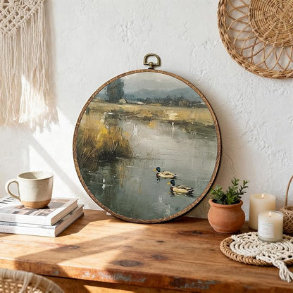 DEQSX Vintage Rustic Countryside Round Wall Art, Nature Cottagecore Lake Landscape Mallard Duck on Pond Wall Decor Canvas Prints Posters for Home Bedroom Living Room, 10x10 Inches