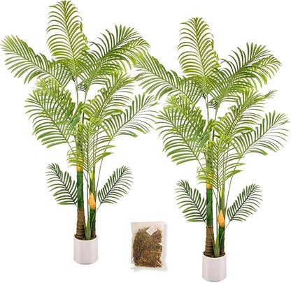 Artificial Fake Palm Tree 6FT 2Pack with White Planter & Free Moss, UV Resistant Artificial Palm Tree for Outdoors, Fake Plants for Poolside Home Room Decor, Faux Plants Outdoor Decor