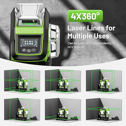 Huepar Laser Level 360 Self Leveling, Rechargeable High Brightness 4x360° Green Cross Line Lazer Leveler Tool for Construction and Picture Hanging, Strong Magnetic Bracket&Hard Carry Case