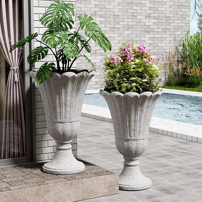 FONTOI 23" Tall Plastic Urn Planter (2-Pack) – Planters for Outdoor Plants with Drainage Holes & Petal Design, Heavy-Duty Classic Indoor Large Flower Pots for Home Garden, Front Porch & Decor, Grey