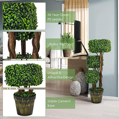 Goplus 36” Artificial Triple Square Shaped Boxwood Topiary Tree W/Cement-Filled Plastic Pot, Fake Plant Faux Greenery Plant Indoor & Outdoor Decoration for Home, Office, Garden, Patio, Entrance