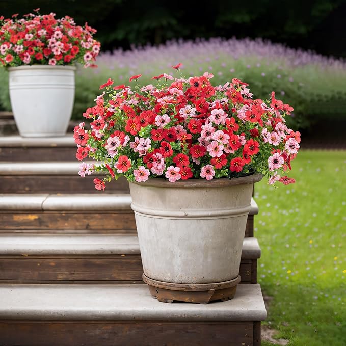 Artificial Fake Mums Flowers for Outdoor Spring Summer Decor, 12 Bundles Faux Silk Plants Daisy for Planter Pot Colorful UV Resistant Look Real for Front Door Porch Patio Outside Yard(Red Pink)