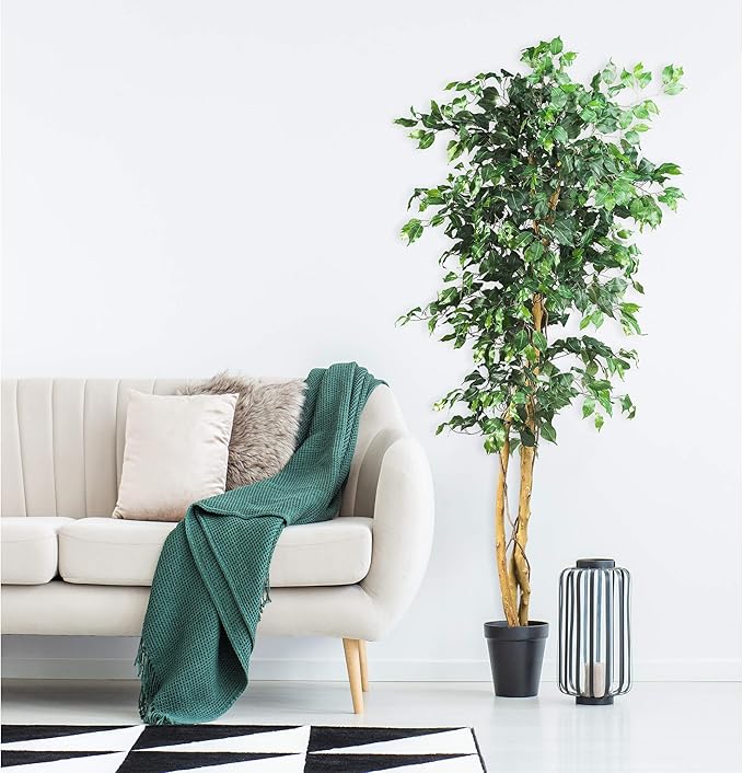 Nearly Natural 6ft Triple Trunk Artificial Ficus Tree with Natural Wood Trunks, Fake Tree for Indoor Home Décor, Faux Ficus Tree with Black Nursery Pot
