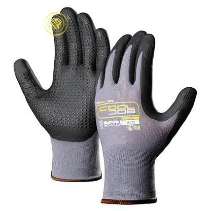 COOLJOB 12 Pairs Nitrile Rubber Dipped Safety Work Gloves with Grip Dots, Seamless Knit Nylon Gloves with 2 Fingers Touchscreen, Non-slip Coated for Warehouse, Home Improvement, Yard, Grey Medium