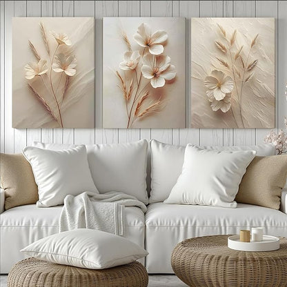 FYLDPSB 3Pcs Unframed Neutral Beige Floral Canvas Wall art, Modern Simple Texture Plant Painting Wall Decor, Vintage Flower Poster Prints for Living Room Bedroom Farmhouse Ready to Hang 16''L x 12''W
