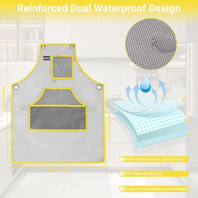 Waterproof Work Apron for Chefs, Hair Stylists, Artists, Gardeners, Adjustable, Multi-Pockets, TPU Mesh Fabric, Plus Size