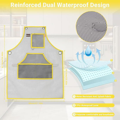 Waterproof Work Apron for Chefs, Hair Stylists, Artists, Gardeners, Adjustable, Multi-Pockets, TPU Mesh Fabric, Plus Size