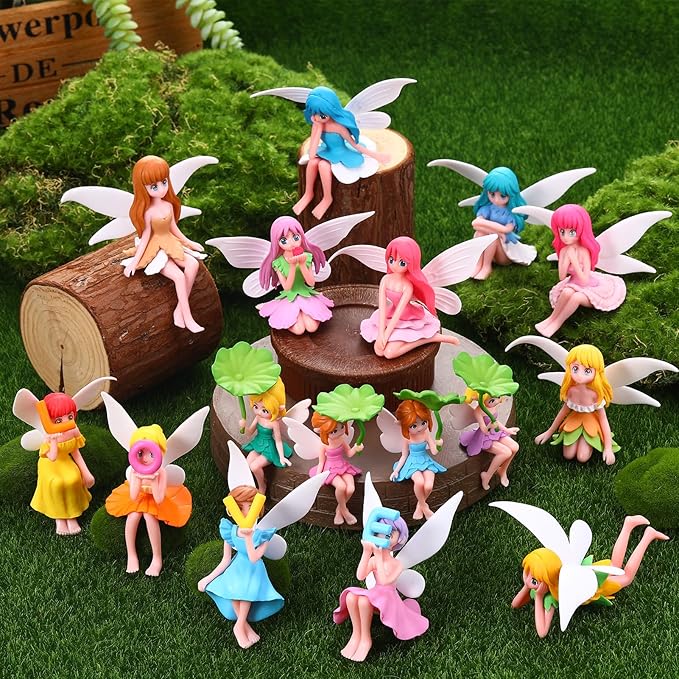 16 Pcs Miniature Fairy Figurines, Hand-Painted Small Flower Fairies with Wings for Garden Decor, Cake Topper & Landscapes