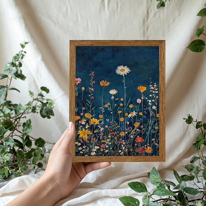 Wojuin Framed Dark Blue Botanical Floral Canvas Wall Art, Rustic Colorful Wildflower Artwork Wall Decor, Vibrant Vintage Flower Painting Prints for Living Room Bedroom Bathroom Office 8x10 in