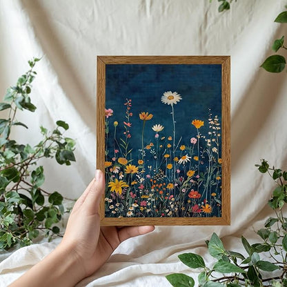 Wojuin Framed Dark Blue Botanical Floral Canvas Wall Art, Rustic Colorful Wildflower Artwork Wall Decor, Vibrant Vintage Flower Painting Prints for Living Room Bedroom Bathroom Office 8x10 in
