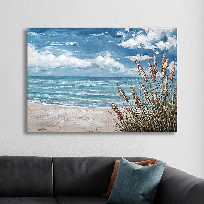 Beach Scene Wall Art, large Blue Ocean Seascape Painting,Seaside weed Coastal Canvas oil Painting Seascape Paintings Coastal Picture Framed Artwork for Living Room Bedroom Office Decor 40" x 28"