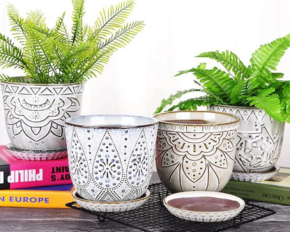 VanEnjoy 5.9 inch Round Bohemian Style Ceramic Planter, Geometry Engrave Off White Brown Planter Flower Pot, Indoor Outdoor Decorative Planter