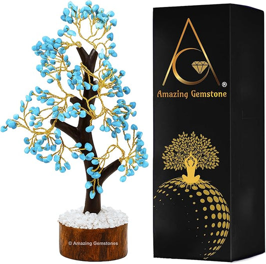 Turquoise Natural Healing Premium Crystal Bonsai Feng Shui Fortune Money Tree of Life for Home Office Decor (Gift Box Ready) (10-12 Inch)