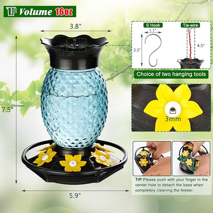 Glass Hummingbird Feeders for Outdoors Hanging Ant and Bee Proof 16OZ 2 Pack Blue Pineapple Humming Bird Feeder with 6 Feeding Ports and Ant Moat Hummingbird Gifts for Women Garden Decor
