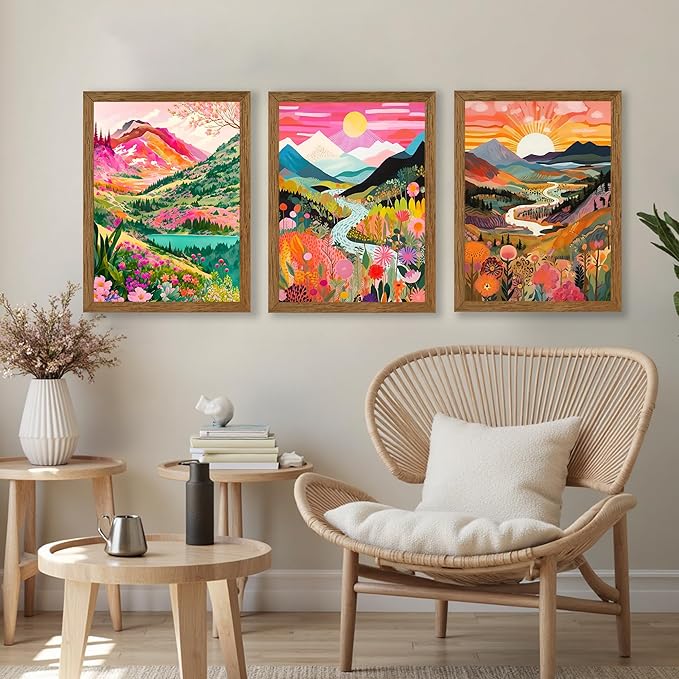 DUWQU 3 Piece Colorful Watercolor Mountain Canvas Wall Art Boho Floral Painting Picture Wall Decor Abstract Nature Landscape Poster Print Artwork for Living Room Bedroom Office 12x16 Inch Wood Frames