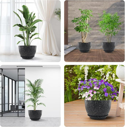 12 inch Large Plant Pots, Flower Pots with Multi-Mesh Drainage Holes and Saucer, Plastic Planters for Indoor and Outdoor Garden Plants (Speckled Black, 12")
