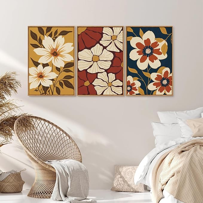 Rantodecor Vintage Floral Framed Canvas Wall Art Set, Mid Century Modern Flowers Wall Decor, Minimalist Retro Botanical Art Paintings, Colorful Neutral Plant for Bedroom Living Room Office 16"x24"x3