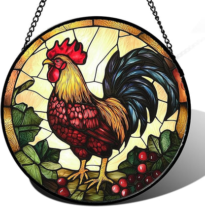 Stained Glass Window Hanging, Colorful Big Cock Sun Catcher for Window Door Home Decor, Chicken Suncatcher Christmas Mother's Day Birthday Gifts for Women Men Mom and Nana 11.8 in