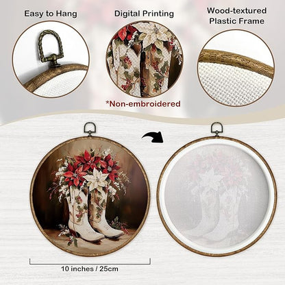 TLESKE Christmas Western Cowgirl Floral Round Wall Art Decor Framed 10x10, Preppy Cowgirl Boot Canvas Wall Art Prints Artwork, Winter Cowboy Hanging Wall Picture Room Decor for Bedroom Living Room