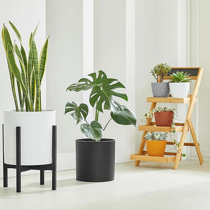 FaithLand 14-Inch Large Modern Cylinder Planter, Thick-Walled Plastic Plant Pot with Drainage Holes and Detachable Saucer, Matte White, Ideal for Indoor & Outdoor Plants Flowers