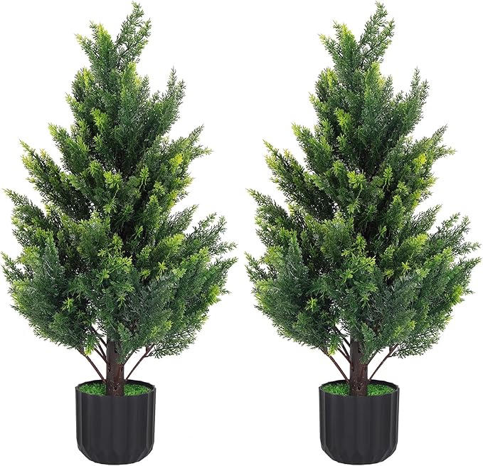3FT Tall Artificial Cedar Topiary Trees Set of 2, Artificial UV Resistant Potted Plants, Faux Bushes Fake Shrubs for Outdoor Indoor Home Entryway Front Porch Garden Patio Offices Living Room Decor